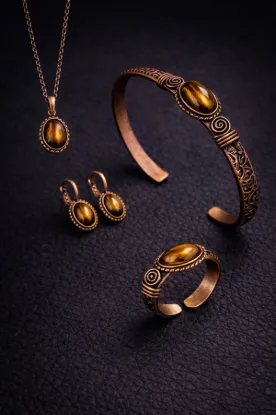 Picture of Kadın Bakır Bileklik Yüzük Set 3 Lü Set Zultanit Taşlı ve Burgu Model Set